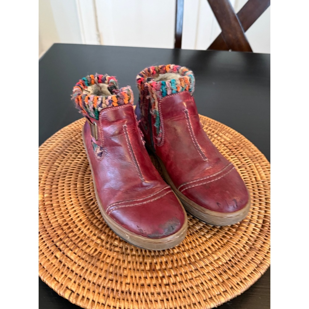 Rieker Antistress Burgundy Leather Knit Collar Ankle Boots Women Red Fur Lined